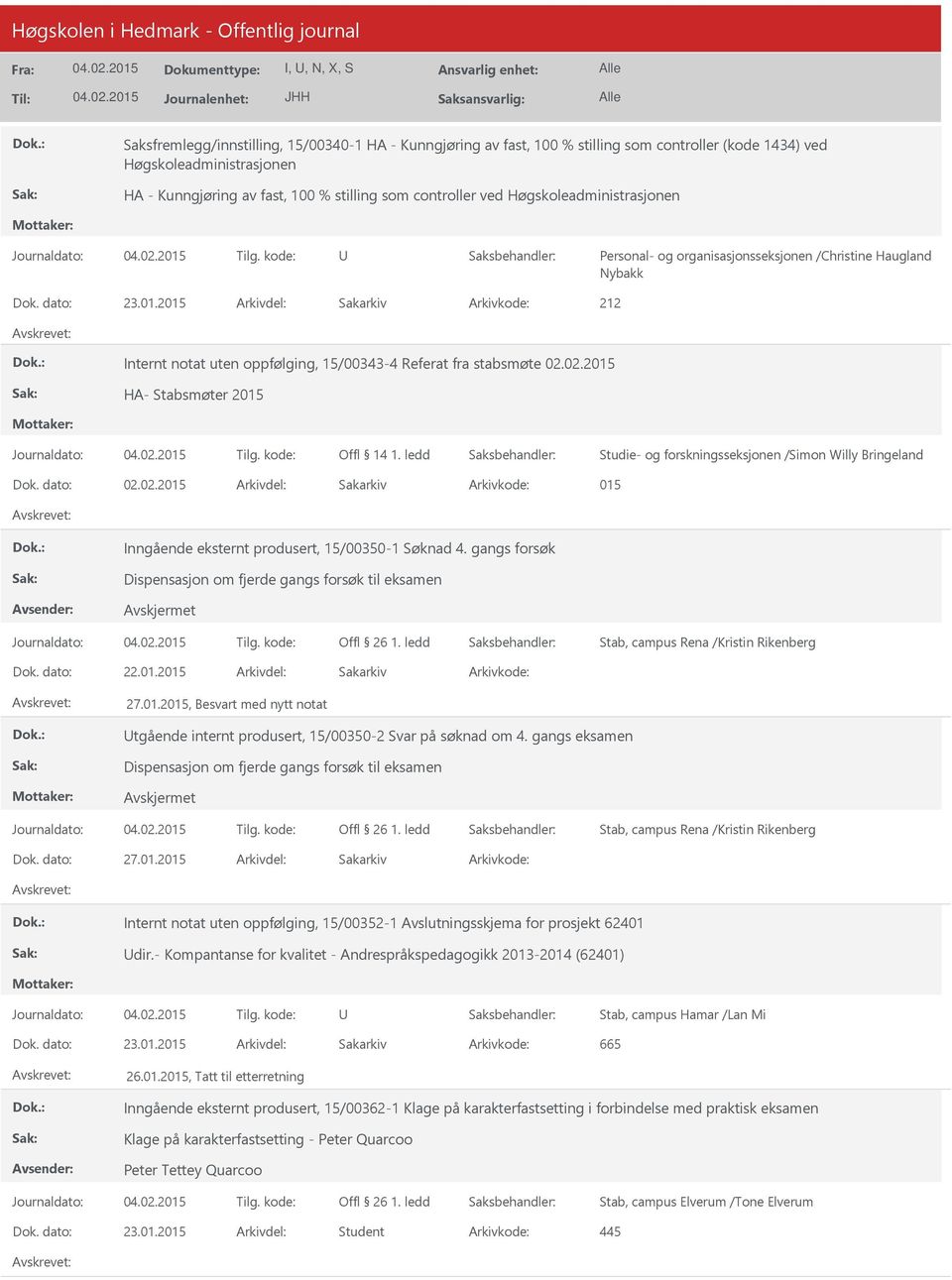 02.2015 HA- Stabsmøter 2015 Offl 14 1. ledd Studie- og forskningsseksjonen /Simon Willy Bringeland Dok. dato: 02.02.2015 Arkivdel: Sakarkiv Arkivkode: 015 Inngående eksternt produsert, 15/00350-1 Søknad 4.