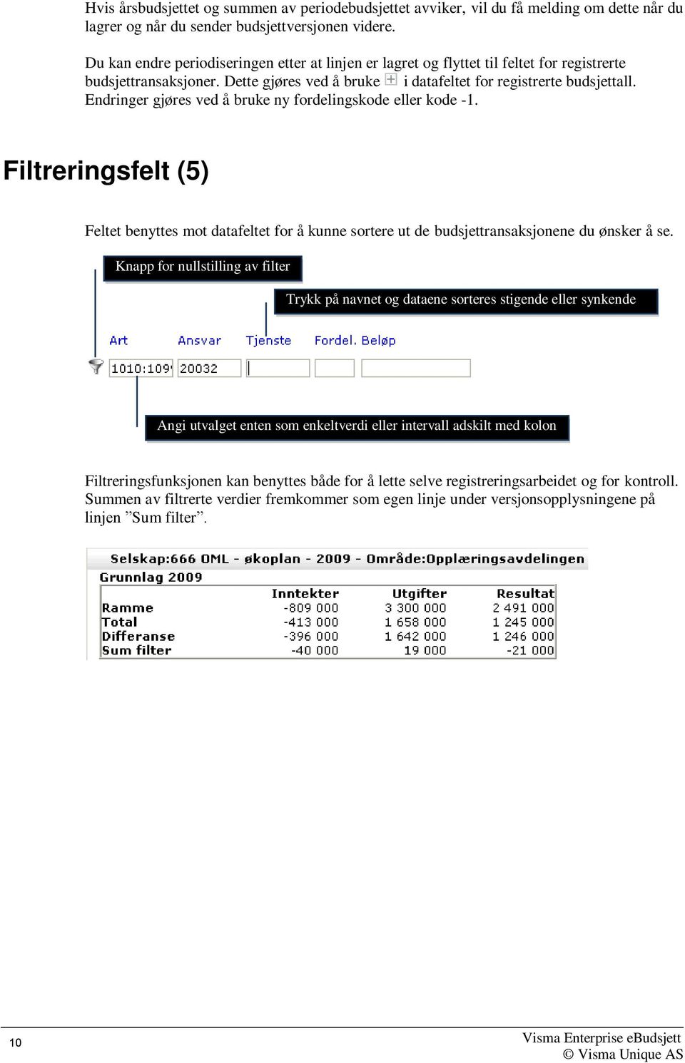 Endringer gjøres ved å bruke ny fordelingskode eller kode -1. Filtreringsfelt (5) Feltet benyttes mot datafeltet for å kunne sortere ut de budsjettransaksjonene du ønsker å se.