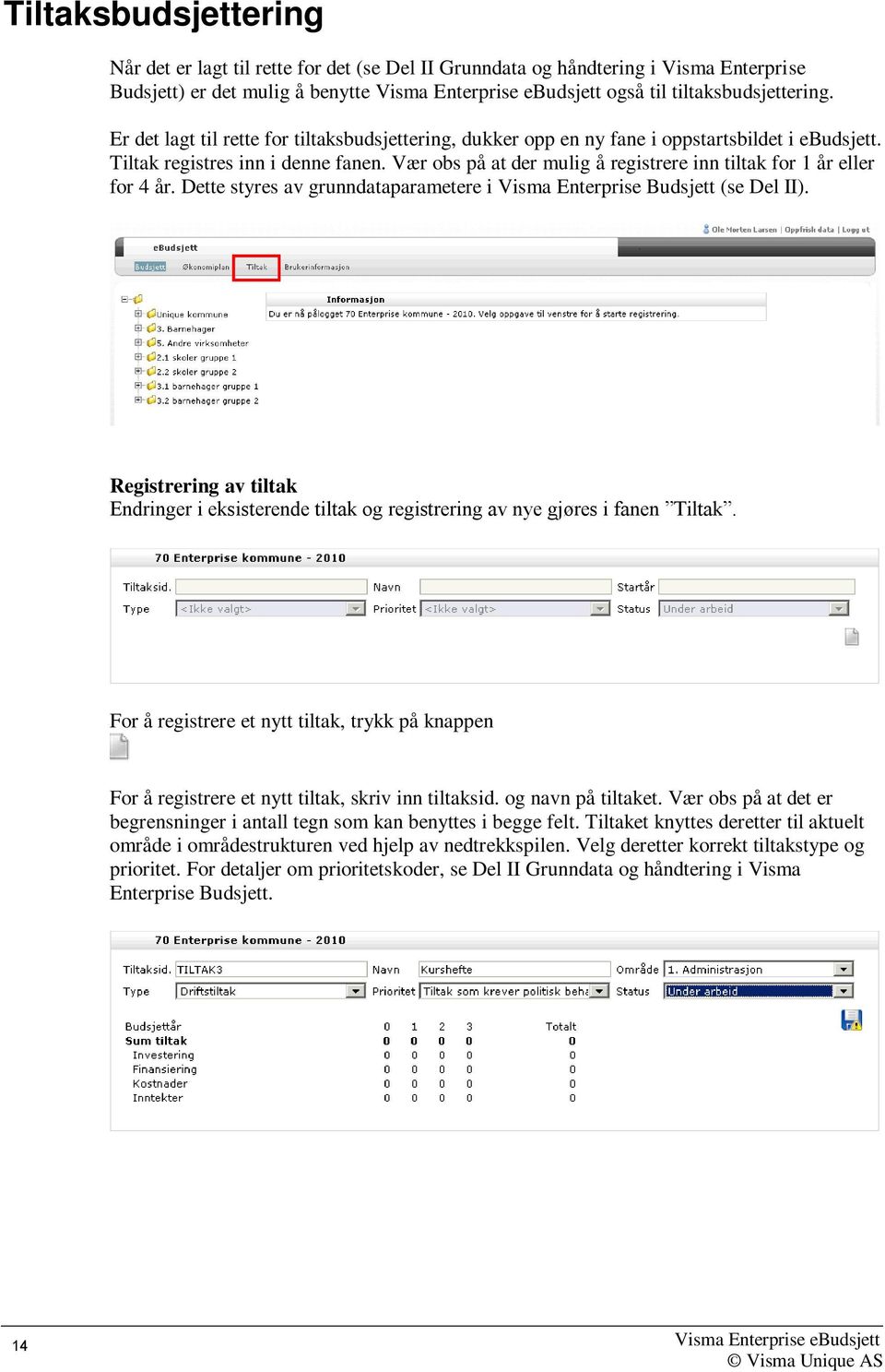 Vær obs på at der mulig å registrere inn tiltak for 1 år eller for 4 år. Dette styres av grunndataparametere i Visma Enterprise Budsjett (se Del II).