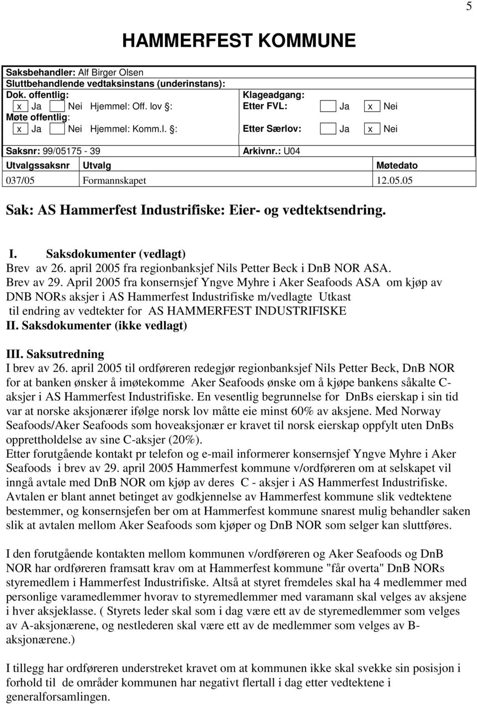 I. Saksdokumenter (vedlagt) Brev av 26. april 2005 fra regionbanksjef Nils Petter Beck i DnB NOR ASA. Brev av 29.