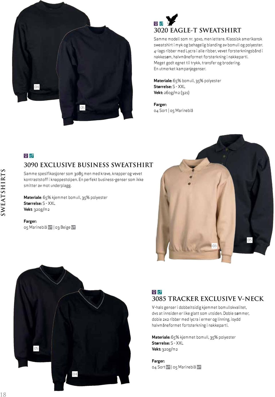 04 Materiale: 65% bomull, 35% polyester Størrelse: S - XXL Vekt: 260g/m2 (32s) 05 04 Sort 05 Marineblå 3090 EXCLUSIVE BUSINESS SWEATSHIRT sweatshirts Samme spesifikasjoner som 3085 men med krave,