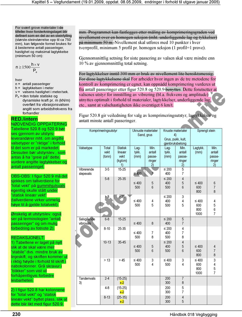 P e = den totale statiske og dynamiske kraft pr. m (kn/m) overført fra vibrasjonsvalsen angitt som arbeidsfrekvens fra forhandler RED./intern NØDVENDIG OPPDATERING Tabellene 520.8 og 520.