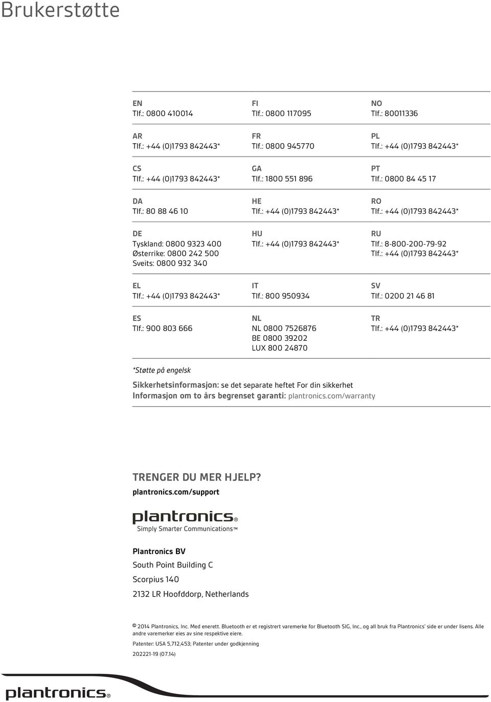 : 900 803 666 NL NL 0800 7526876 BE 0800 39202 LUX 800 24870 TR *Støtte på engelsk Sikkerhetsinformasjon: se det separate heftet For din sikkerhet Informasjon om to års begrenset garanti: plantronics.