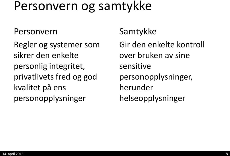 kvalitet på ens personopplysninger Samtykke Gir den enkelte kontroll