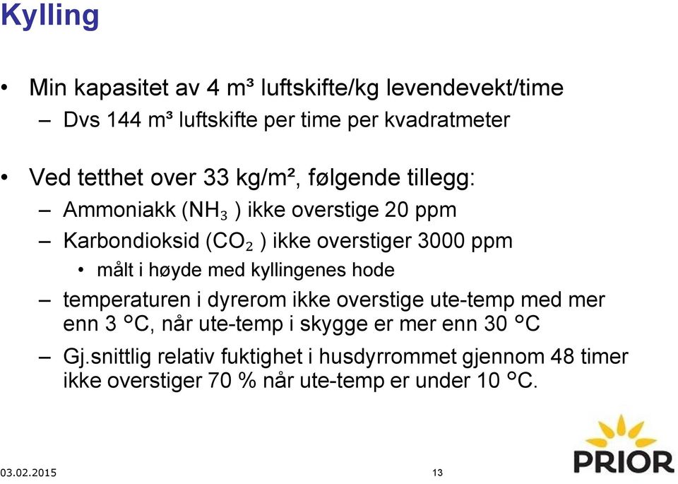 høyde med kyllingenes hode temperaturen i dyrerom ikke overstige ute-temp med mer enn 3 C, når ute-temp i skygge er mer enn