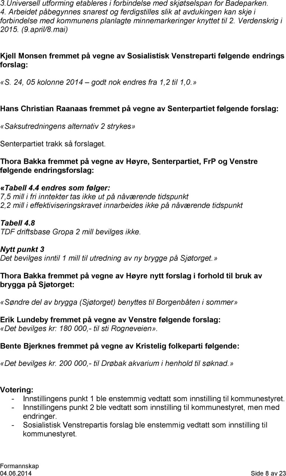 mai) Kjell Monsen fremmet på vegne av Sosialistisk Venstreparti følgende endrings forslag: «S. 24, 05 kolonne 2014 godt nok endres fra 1,2 til 1,0.