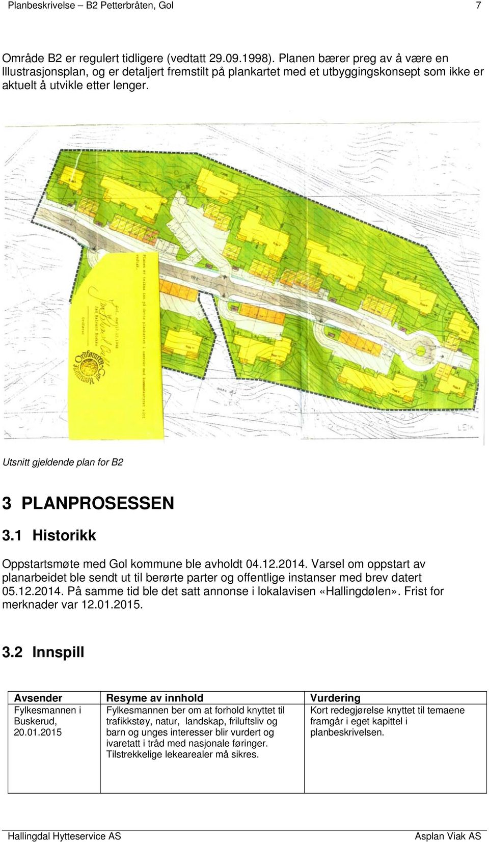 Utsnitt gjeldende plan for B2 3 PLANPROSESSEN 3.1 Historikk Oppstartsmøte med Gol kommune ble avholdt 04.12.2014.