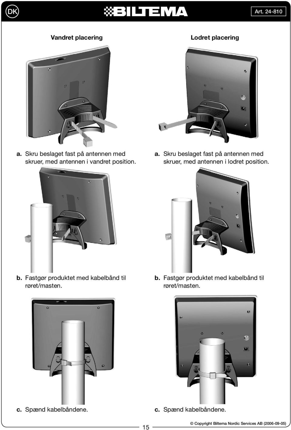 tennen med skruer, med antennen i vandret position. a. tennen med skruer, med antennen i lodret position.