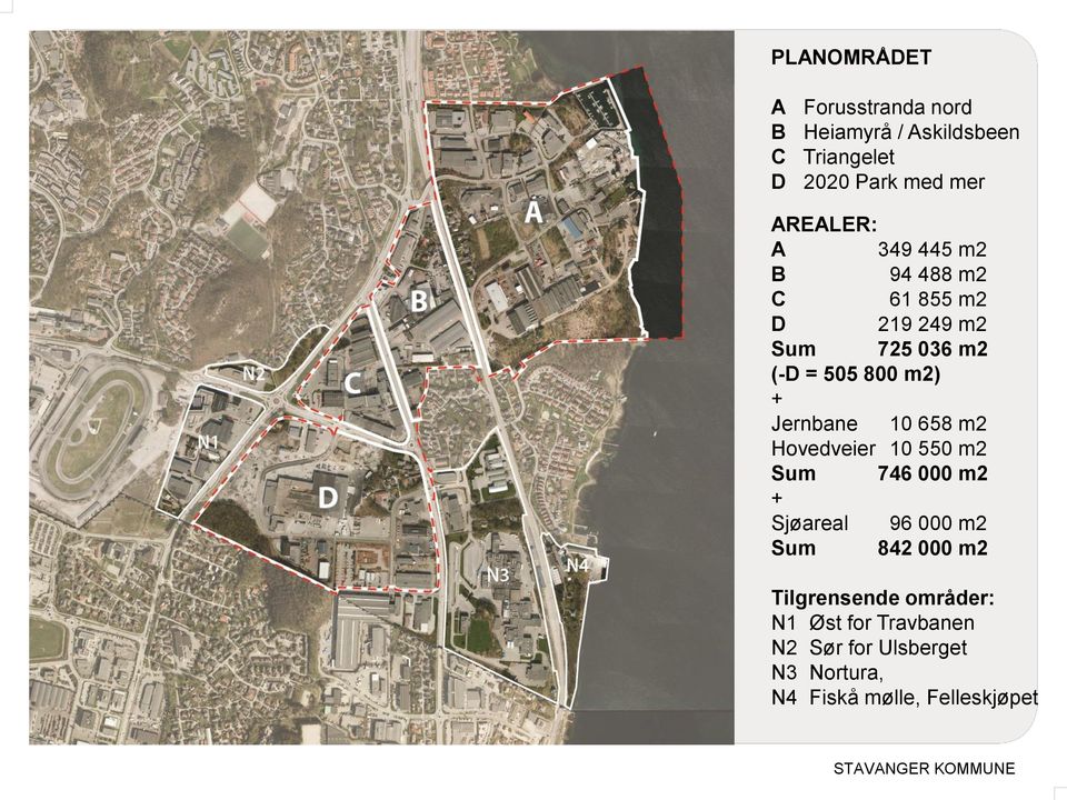 Jernbane 10 658 m2 Hovedveier 10 550 m2 Sum 746 000 m2 + Sjøareal 96 000 m2 Sum 842 000 m2