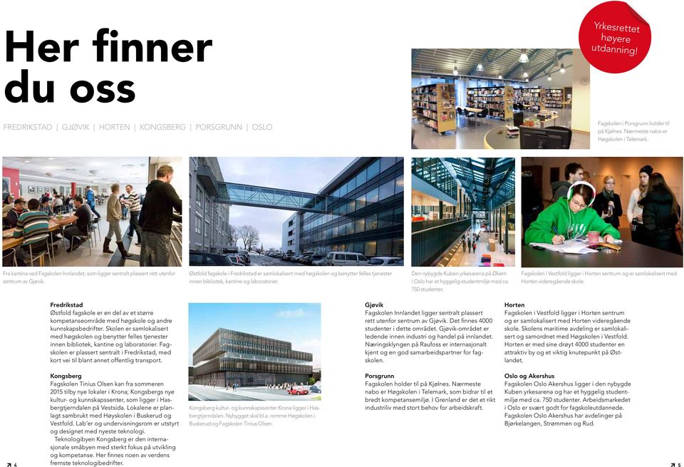 Østfold fagskole i Fredrikstad er samlokalisert med høgskolen og benytter felles tjenester innen bibliotek, kantine og laboratorier.