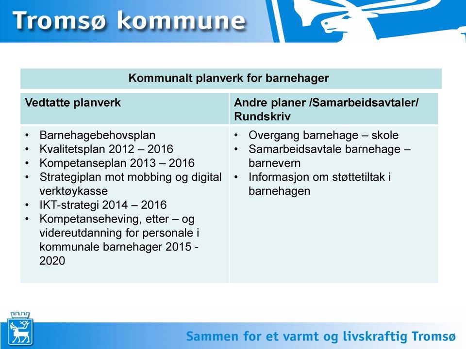 videreutdanning for personale i kommunale barnehager 2015-2020 Andre planer /Samarbeidsavtaler/ Rundskriv Overgang