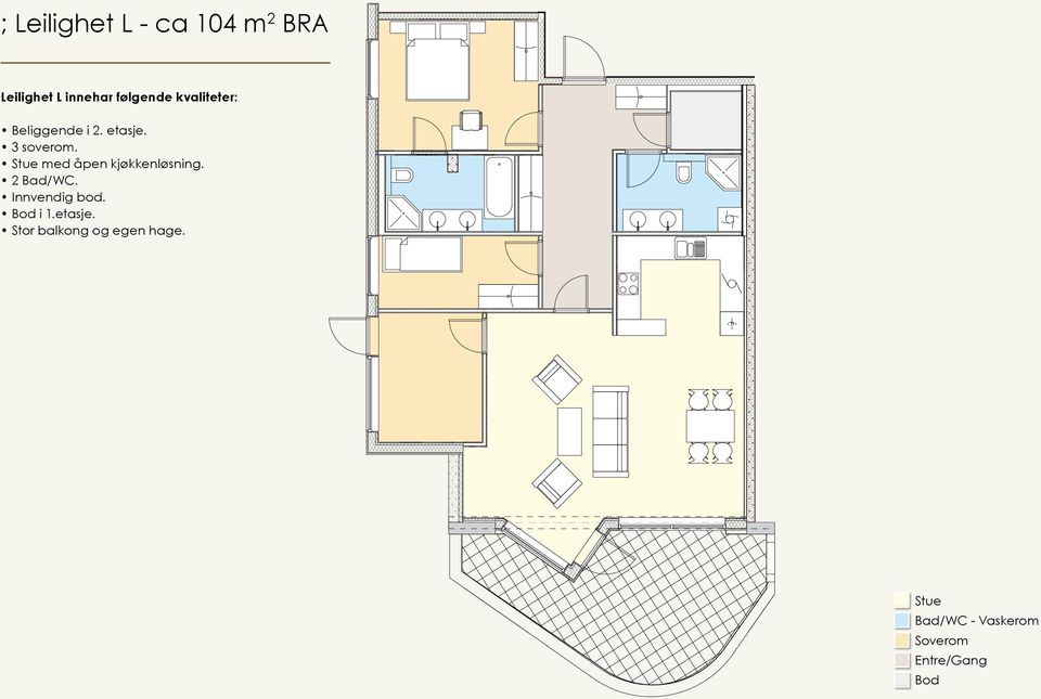 Stue med åpen kjøkkenløsning. 2 Bad/WC. Innvendig bod. Bod i 1.