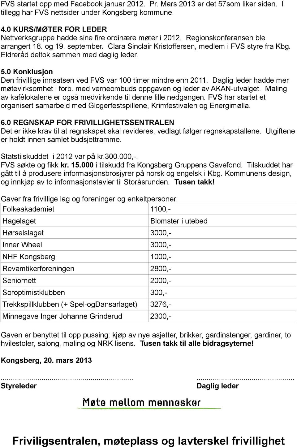 Eldreråd deltok sammen med daglig leder. 5.0 Konklusjon Den frivillige innsatsen ved FVS var 100 timer mindre enn 2011. Daglig leder hadde mer møtevirksomhet i forb.