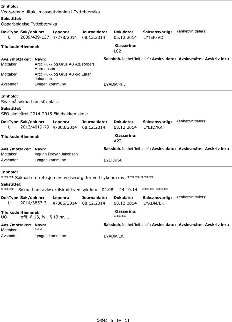 Robert Hermansen Mottaker Artic Pukk og Grus c/o Elnar Johansen LYADM/KFJ Svar på søknad om sfo-plass SFO skoleåret 2014-2015 Eidebakken skole 2013/4019-79 47303/2014 LYED/KAH A22