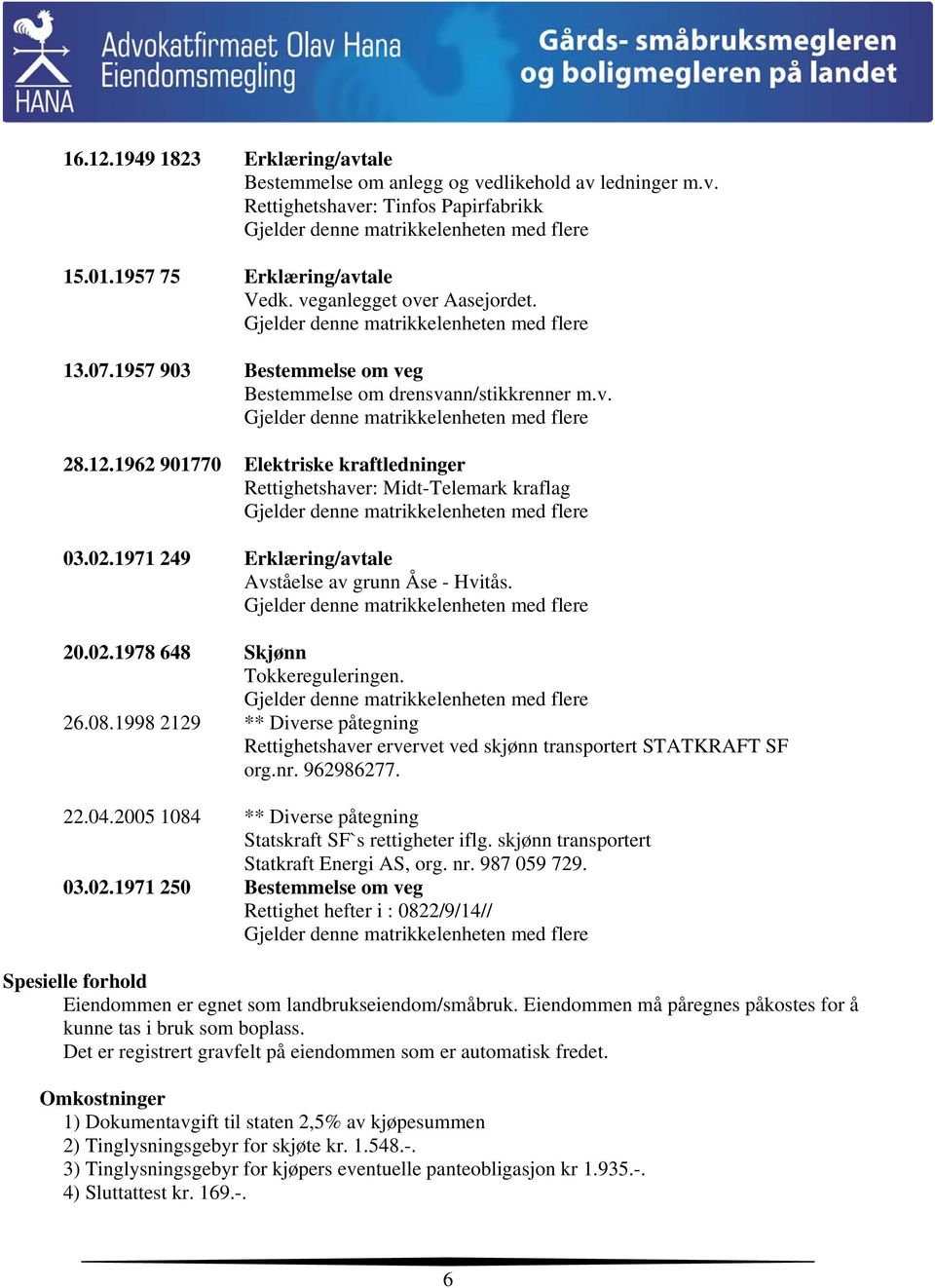 1971 249 Erklæring/avtale Avståelse av grunn Åse - Hvitås. 20.02.1978 648 Skjønn Tokkereguleringen. 26.08.