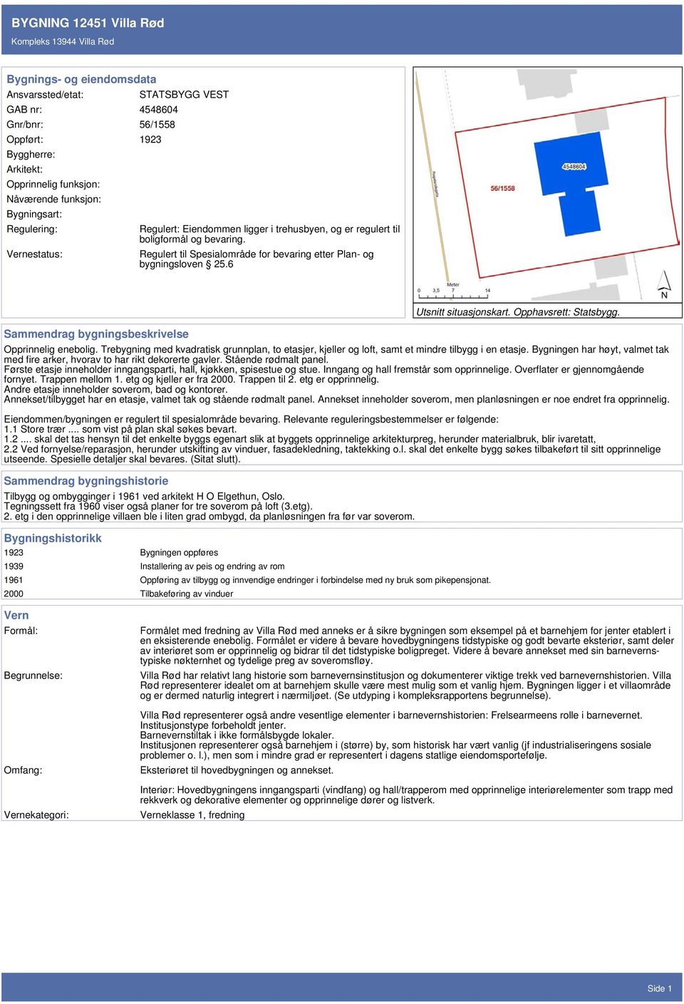 6 Sammendrag bygningsbeskrivelse Utsnitt situasjonskart. Opphavsrett: Statsbygg. Opprinnelig enebolig.