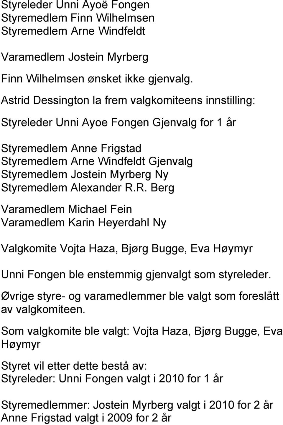 Styremedlem Alexander R.R. Berg Varamedlem Michael Fein Varamedlem Karin Heyerdahl Ny Valgkomite Vojta Haza, Bjørg Bugge, Eva Høymyr Unni Fongen ble enstemmig gjenvalgt som styreleder.