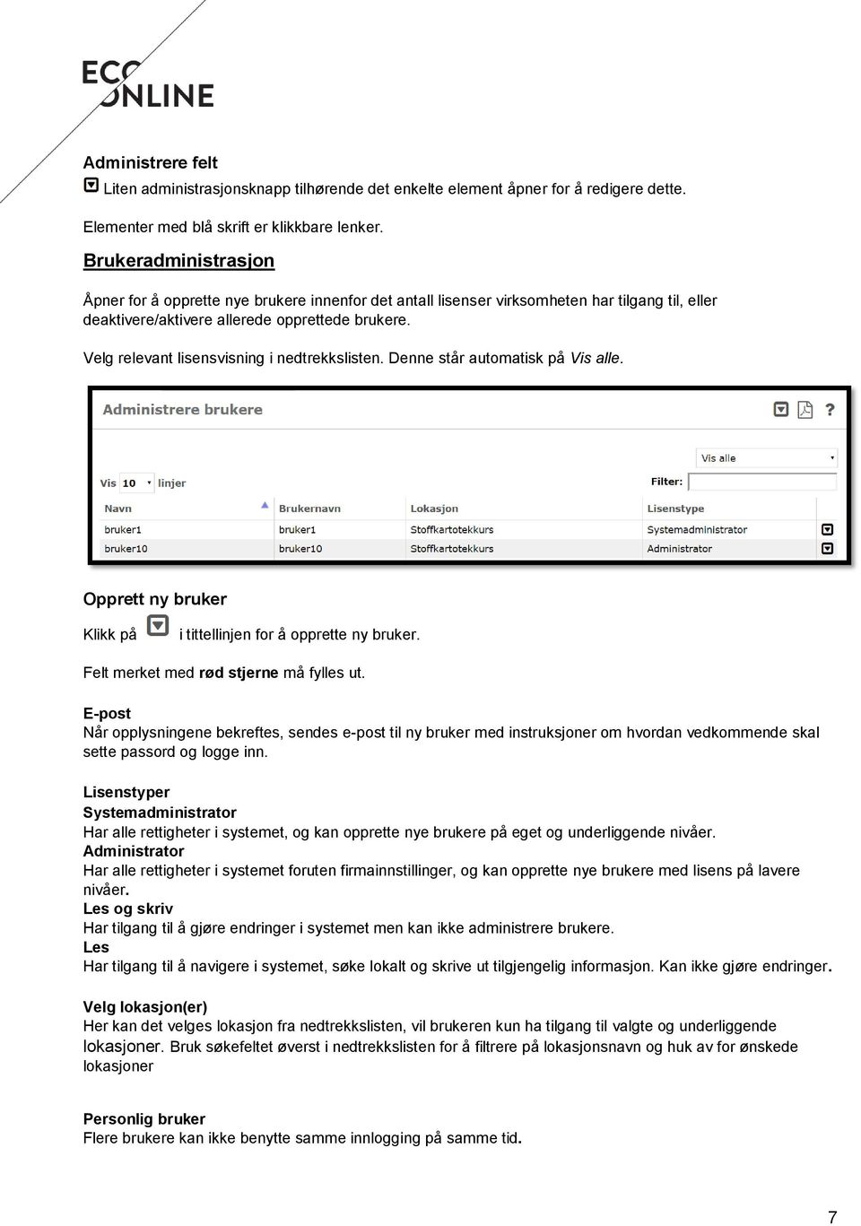 Velg relevant lisensvisning i nedtrekkslisten. Denne står automatisk på Vis alle. Opprett ny bruker i tittellinjen for å opprette ny bruker. Felt merket med rød stjerne må fylles ut.