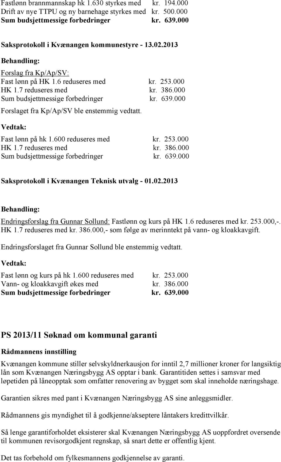 02.2013 Endringsforslag fra Gunnar Sollund: Fastlønn og kurs på HK 1.6 reduseres med kr. 253.000,-. HK 1.7 reduseres med kr. 386.000,- som følge av merinntekt på vann- og kloakkavgift.