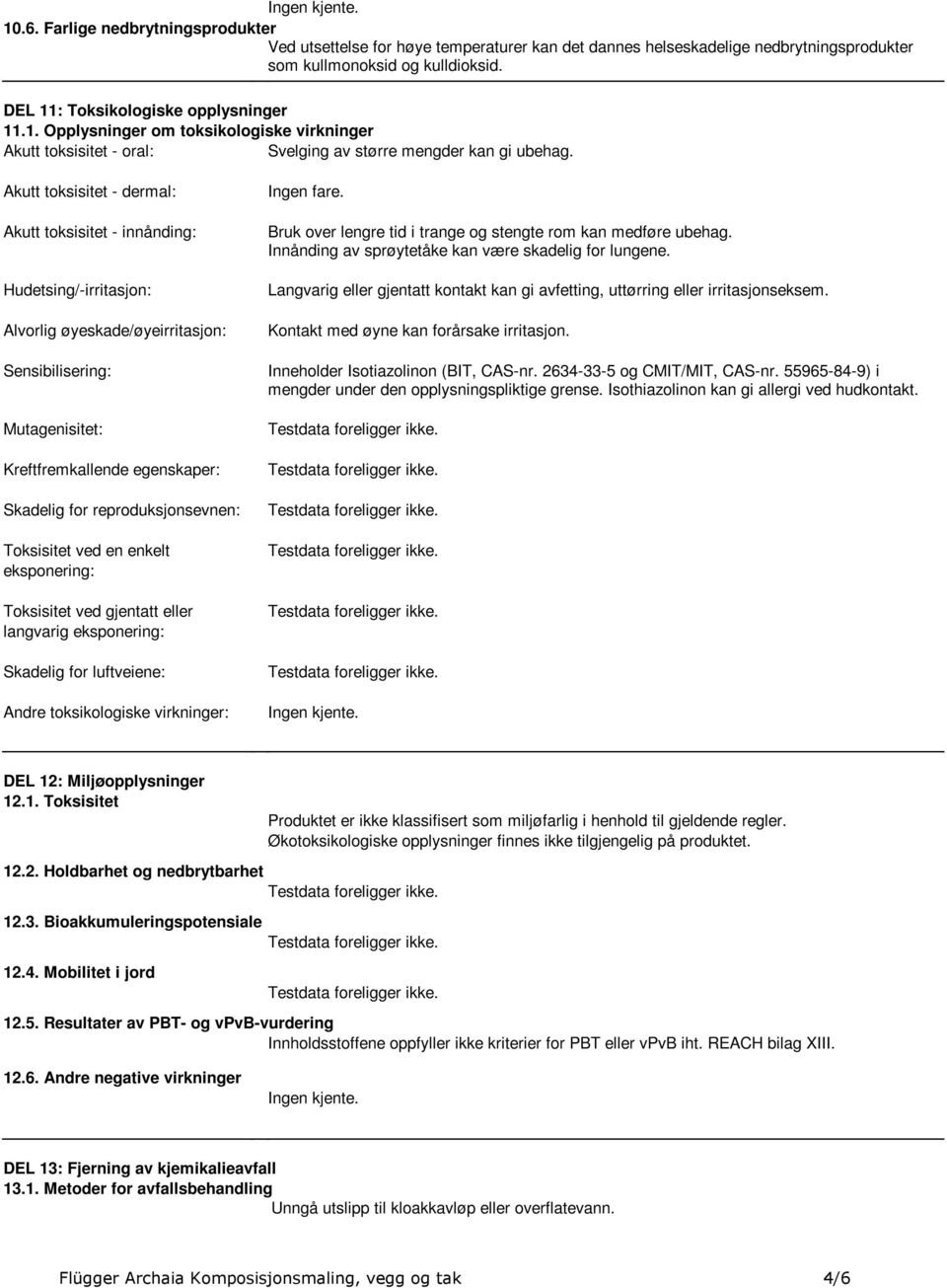 Akutt toksisitet - dermal: Akutt toksisitet - innånding: Hudetsing/-irritasjon: Alvorlig øyeskade/øyeirritasjon: Sensibilisering: Mutagenisitet: Kreftfremkallende egenskaper: Skadelig for