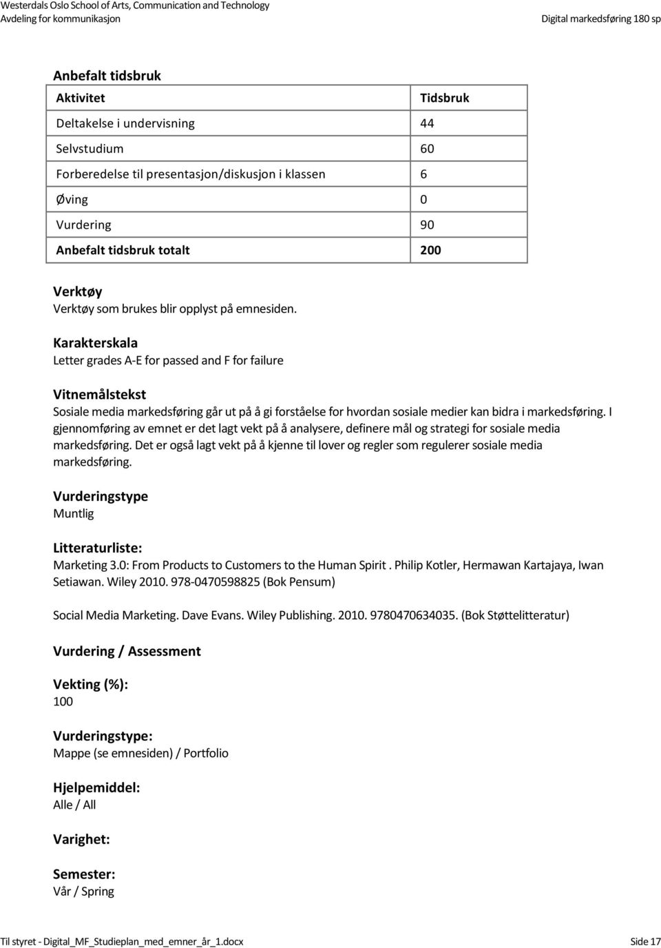 Karakterskala Letter grades A- E for passed and F for failure Vitnemålstekst Sosiale media markedsføring går ut på å gi forståelse for hvordan sosiale medier kan bidra i markedsføring.