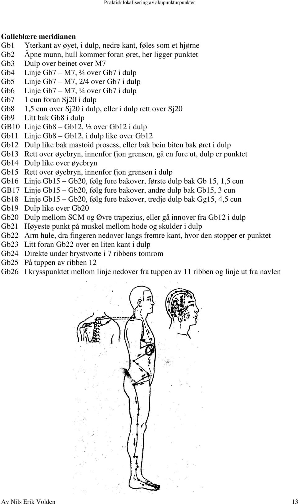 Linje Gb8 Gb12, ½ over Gb12 i dulp Gb11 Linje Gb8 Gb12, i dulp like over Gb12 Gb12 Dulp like bak mastoid prosess, eller bak bein biten bak øret i dulp Gb13 Rett over øyebryn, innenfor fjon grensen,