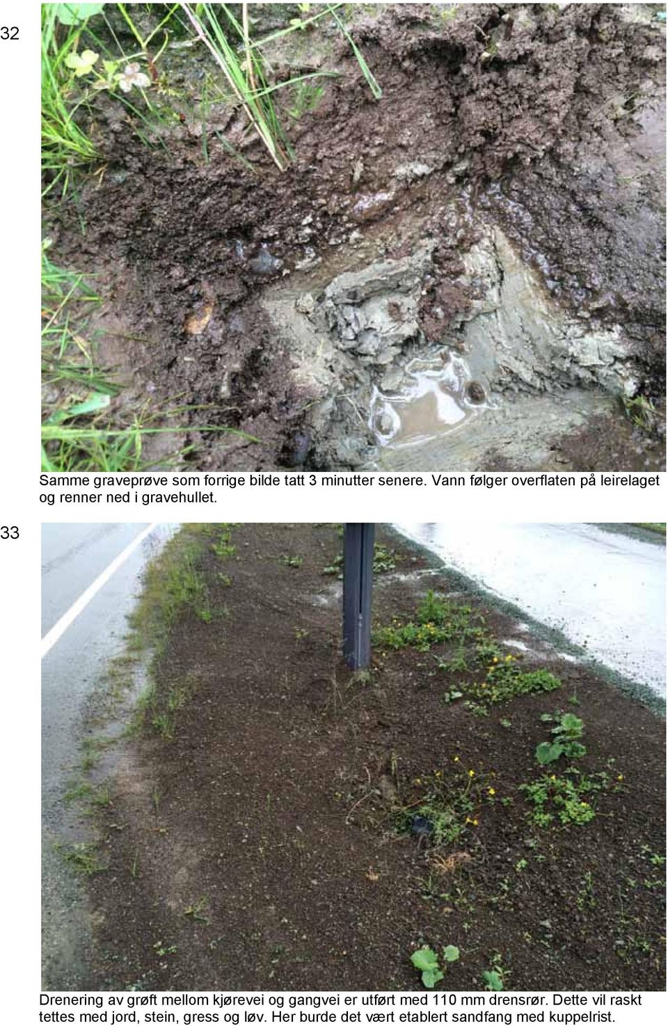 33 Drenering av grøft mellom kjørevei og gangvei er utført med 110 mm drensrør.