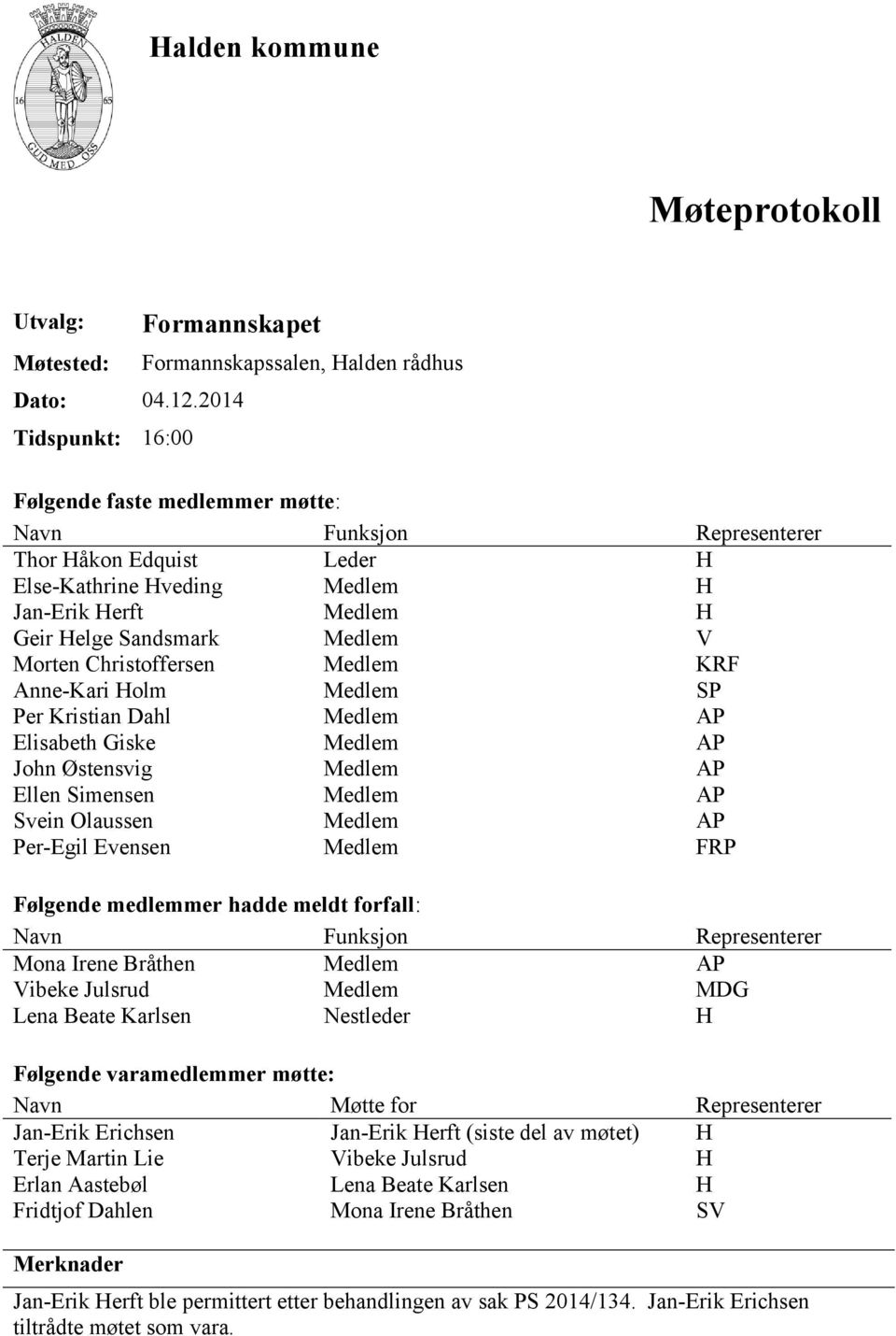 Geir Helge Sandsmark Medlem V Morten Christoffersen Medlem KRF Anne-Kari Holm Medlem SP Per Kristian Dahl Medlem AP Elisabeth Giske Medlem AP John Østensvig Medlem AP Ellen Simensen Medlem AP Svein