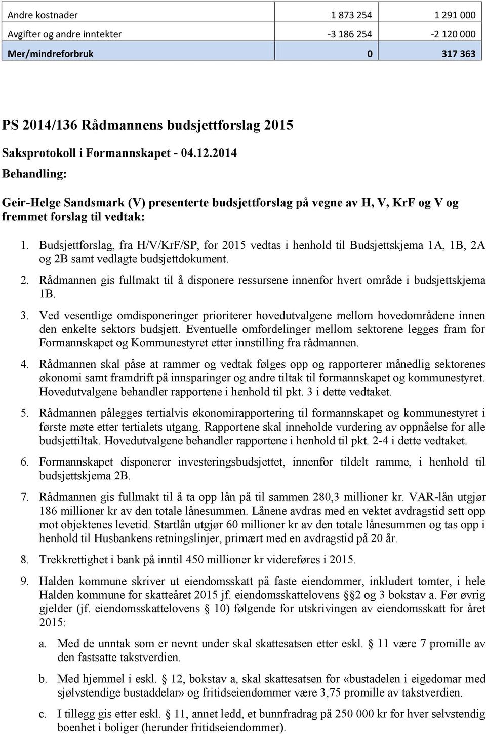 Budsjettforslag, fra H/V/KrF/SP, for 2015 vedtas i henhold til Budsjettskjema 1A, 1B, 2A og 2B samt vedlagte budsjettdokument. 2. Rådmannen gis fullmakt til å disponere ressursene innenfor hvert område i budsjettskjema 1B.