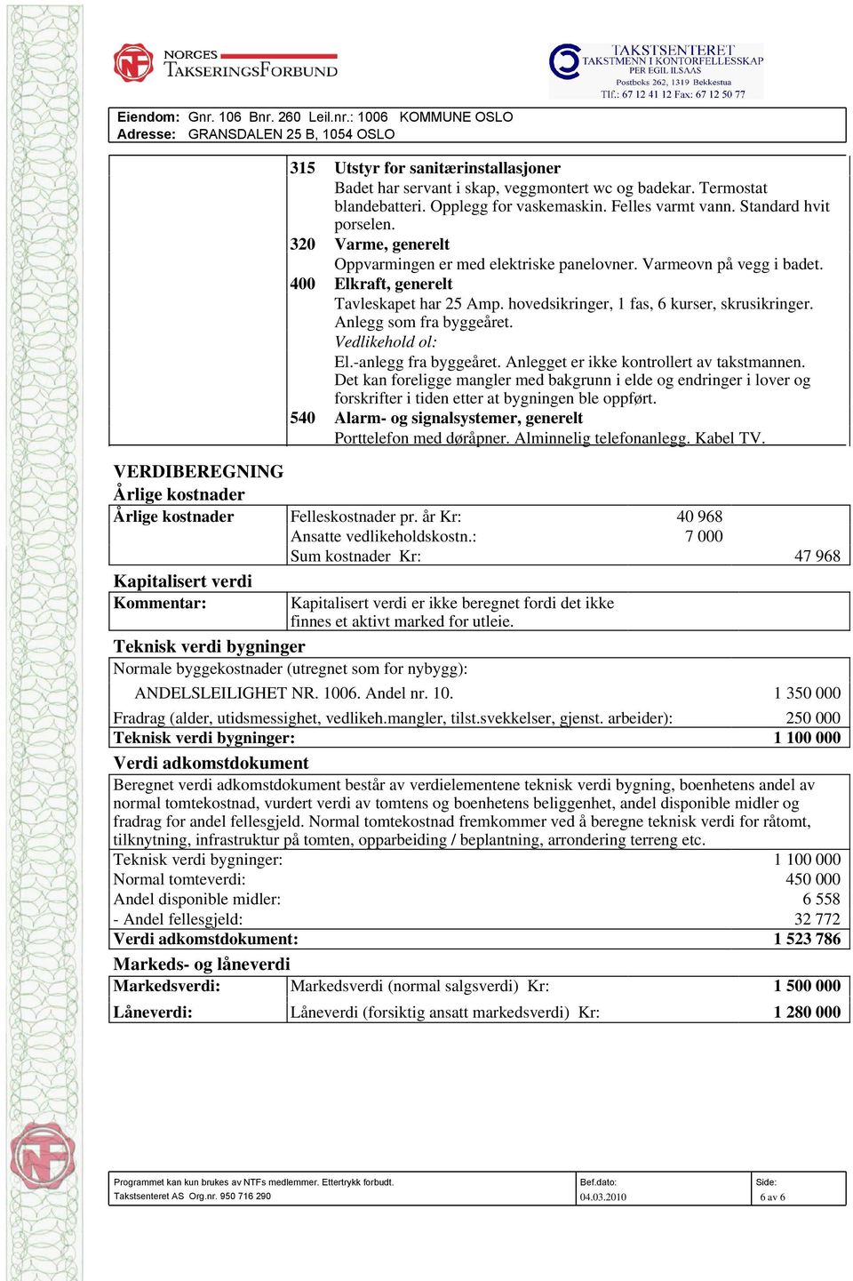 400 Elkraft, generelt Tavleskapet har 25 Amp. hovedsikringer, 1 fas, 6 kurser, skrusikringer. Anlegg som fra byggeåret. Vedlikehold ol: El.-anlegg fra byggeåret.