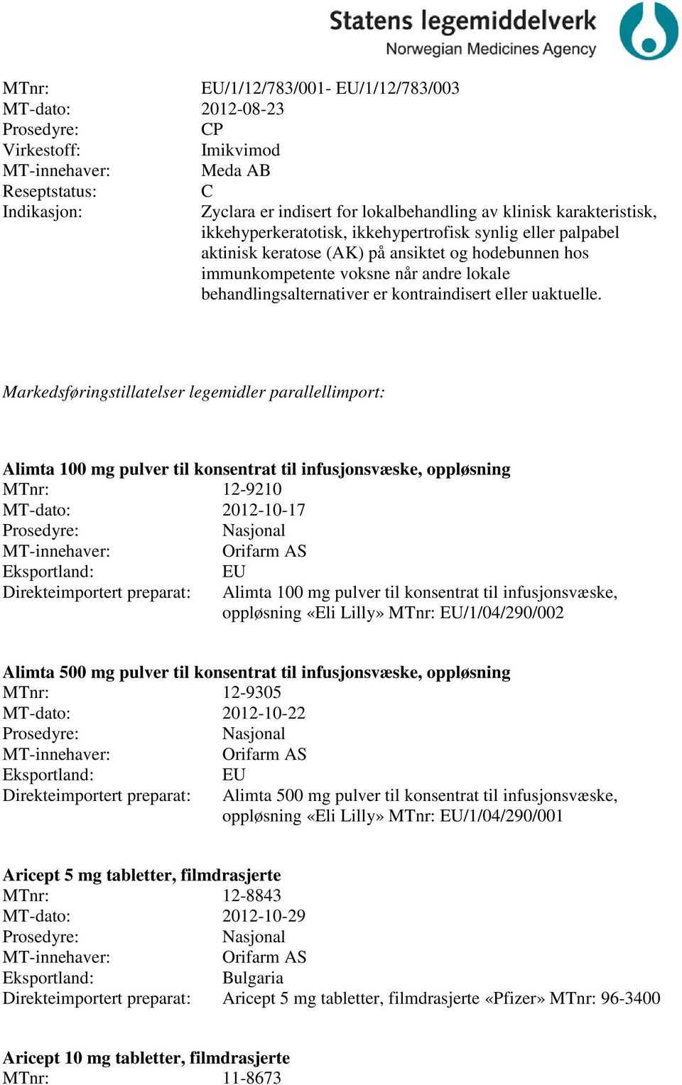 Markedsføringstillatelser legemidler parallellimport: Alimta 100 mg pulver til konsentrat til infusjonsvæske, oppløsning MTnr: 12-9210 MT-dato: 2012-10-17 EU Alimta 100 mg pulver til konsentrat til