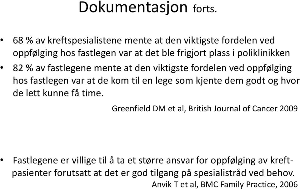 % av fastlegene mente at den viktigste fordelen ved oppfølging hos fastlegen var at de kom til en lege som kjente dem godt og hvor de