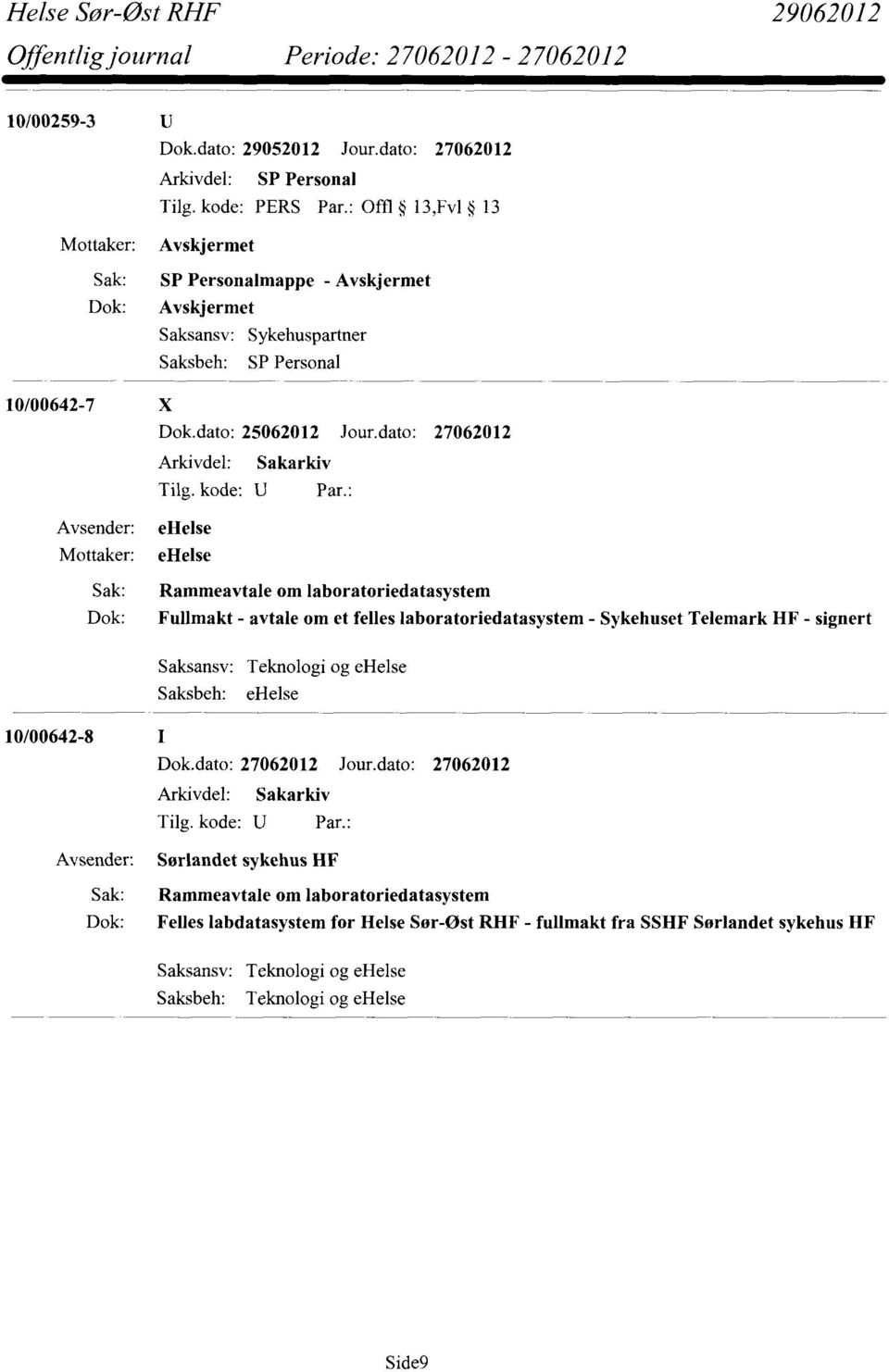 Telemark HF - signert Saksansv: Teknologi og ehelse Saksbeh: ehelse 10/00642-8 Sørlandet sykehus HF Sak: Rammeavtale om