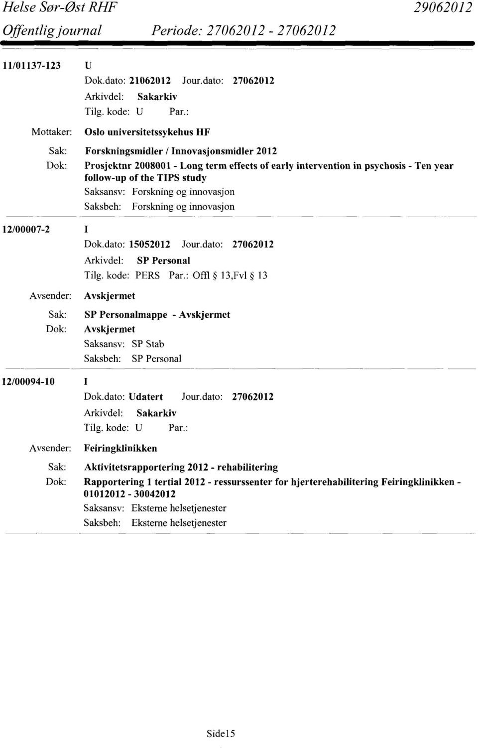 of the TIPS study Avskjermet Saksansv: Forskning og innovasjon Saksbeh: Forskning og innovasjon Dok.dato: 15052012 Jour.dato: 27062012 Tilg. kode: PERS Par.