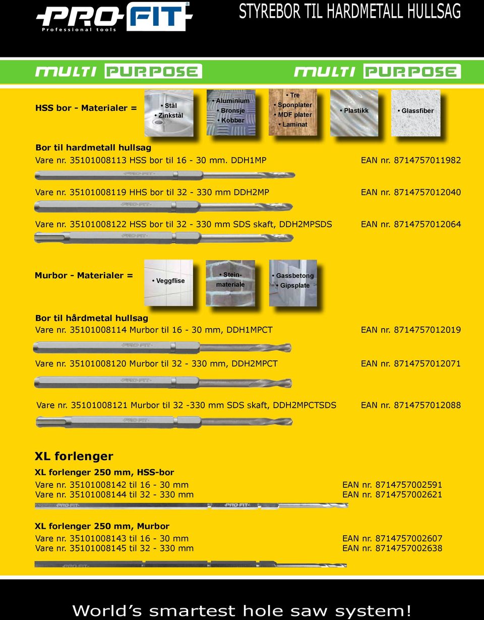 35101008122 HSS bor til 32-330 mm SDS skaft, DDH2MPSDS 8714757012064 Murbor - Materialer = Veggflise Stein- materiale Gassbetong Gipsplate Bor til hårdmetal hullsag Vare nr.