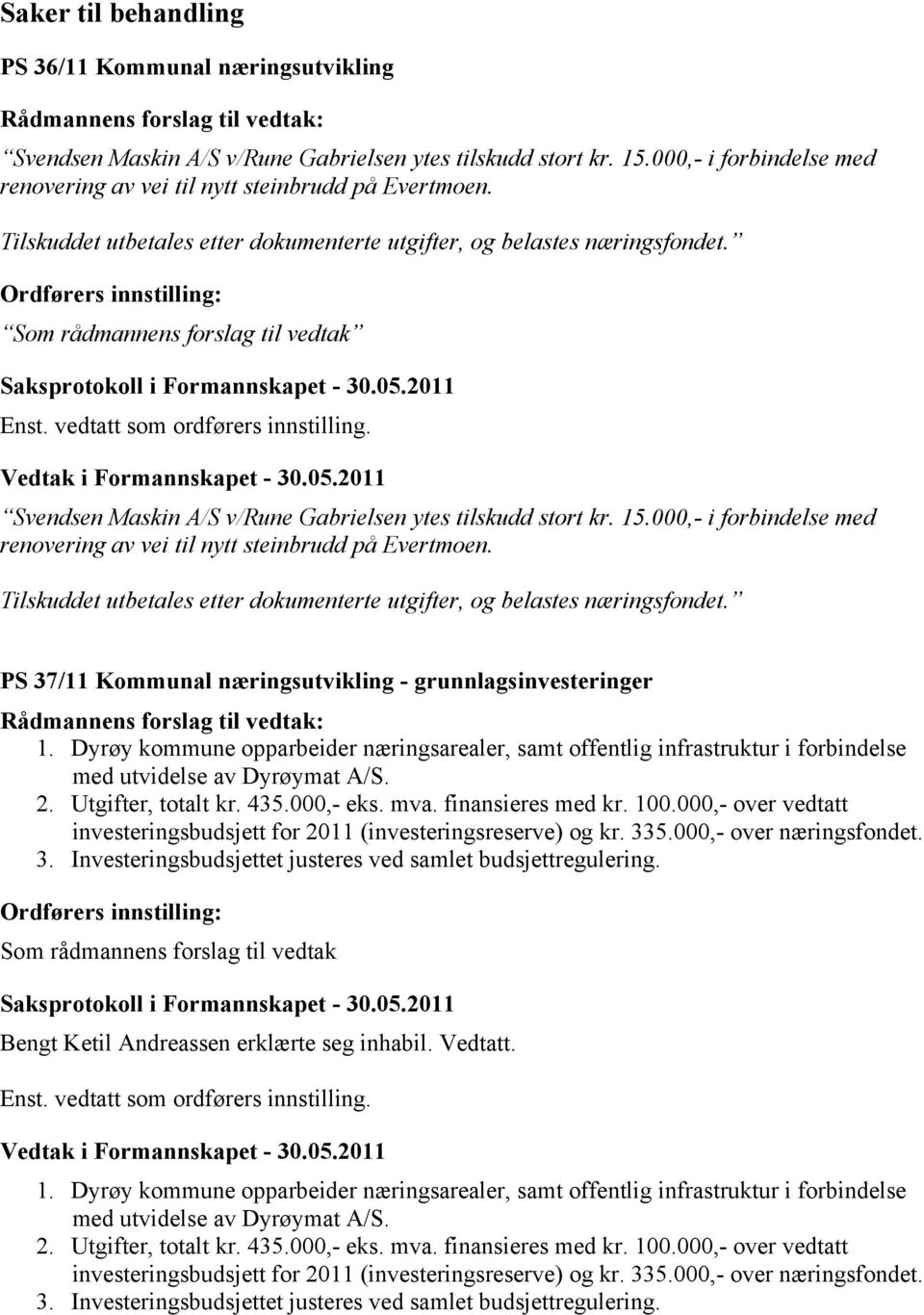 Svendsen Maskin A/S v/rune Gabrielsen ytes tilskudd stort kr. 15.000,- i forbindelse med renovering av vei til nytt steinbrudd på Evertmoen.