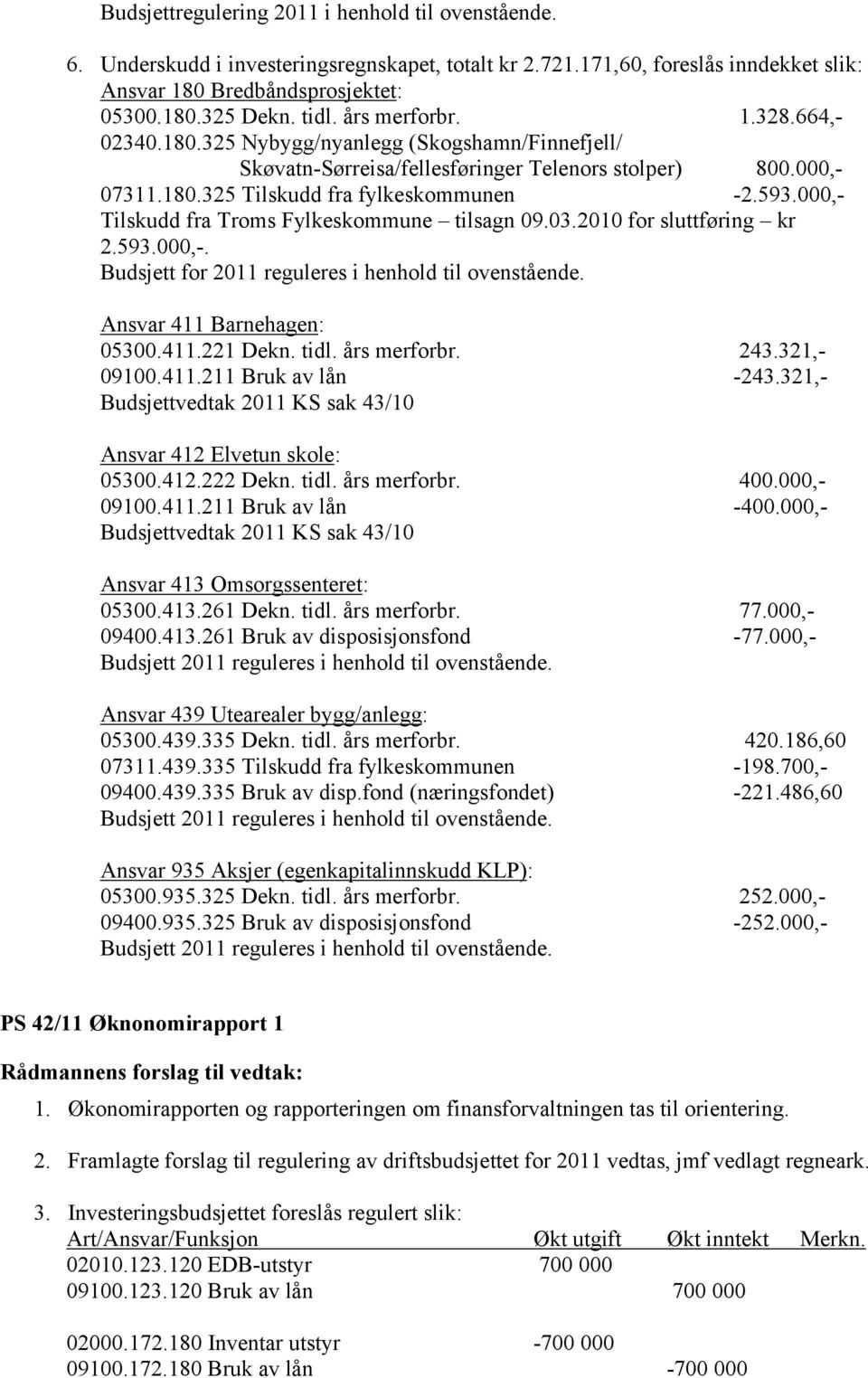 000,- Tilskudd fra Troms Fylkeskommune tilsagn 09.03.2010 for sluttføring kr 2.593.000,-. Budsjett for 2011 reguleres i henhold til ovenstående. Ansvar 411 Barnehagen: 05300.411.221 Dekn. tidl.