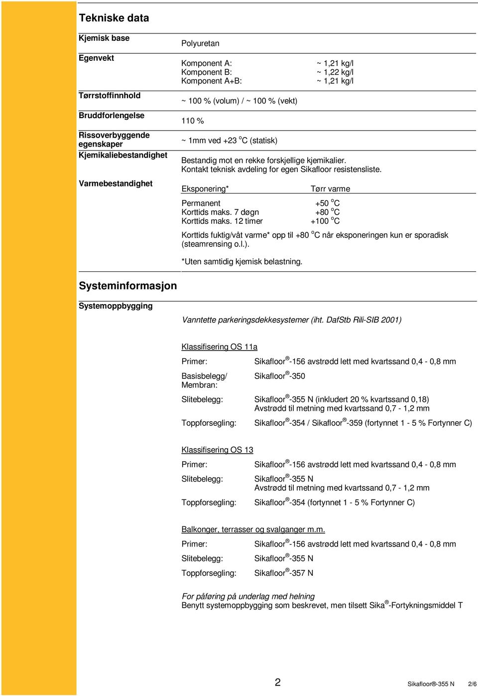 Kontakt teknisk avdeling for egen Sikafloor resistensliste. Eksponering* Permanent Korttids maks. 7 døgn Korttids maks.