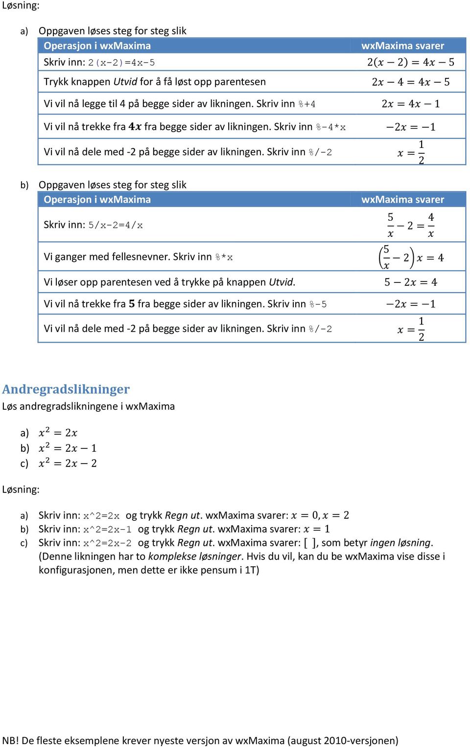 Skriv inn %/-2 b Oppgaven løses steg for steg slik Operasjon i wxmaxima wxmaxima svarer Skriv inn: 5/x-2=4/x Vi ganger med fellesnevner.