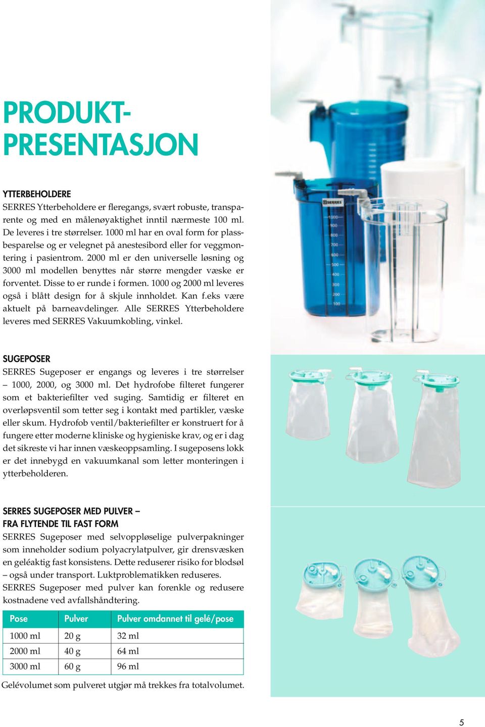 2000 ml er den universelle løsning og 3000 ml modellen benyttes når større mengder væske er forventet. Disse to er runde i formen. 1000 og 2000 ml leveres også i blått design for å skjule innholdet.