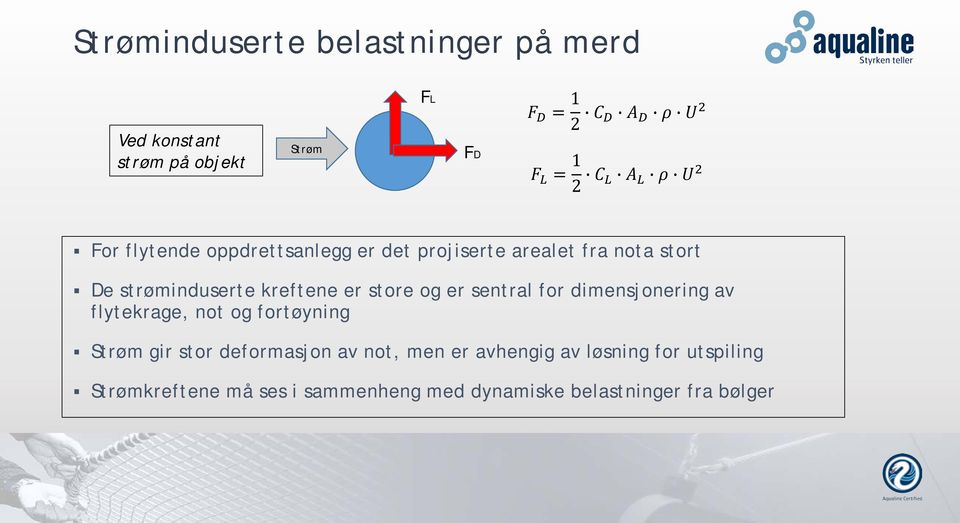 kreftene er store og er sentral for dimensjonering av flytekrage, not og fortøyning Strøm gir stor deformasjon av