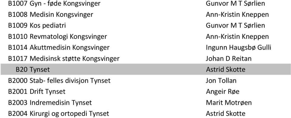 Tynset B2001 Drift Tynset B2003 Indremedisin Tynset B2004 Kirurgi og ortopedi Tynset Ann-Kristin Kneppen
