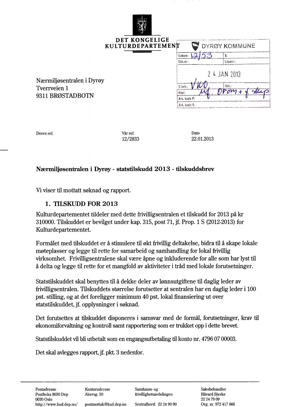Tilskuddeter bevilgetunder kap.315,post 71,jf.Prop.1S (2012-2013) for Kulturdepartementet.
