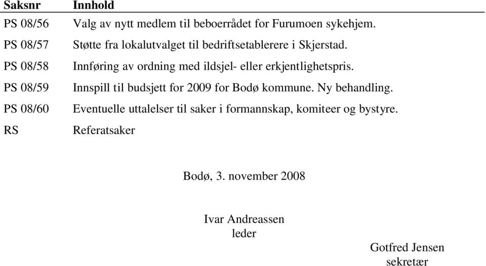 Innføring av ordning med ildsjel- eller erkjentlighetspris. Innspill til budsjett for 2009 for Bodø kommune.