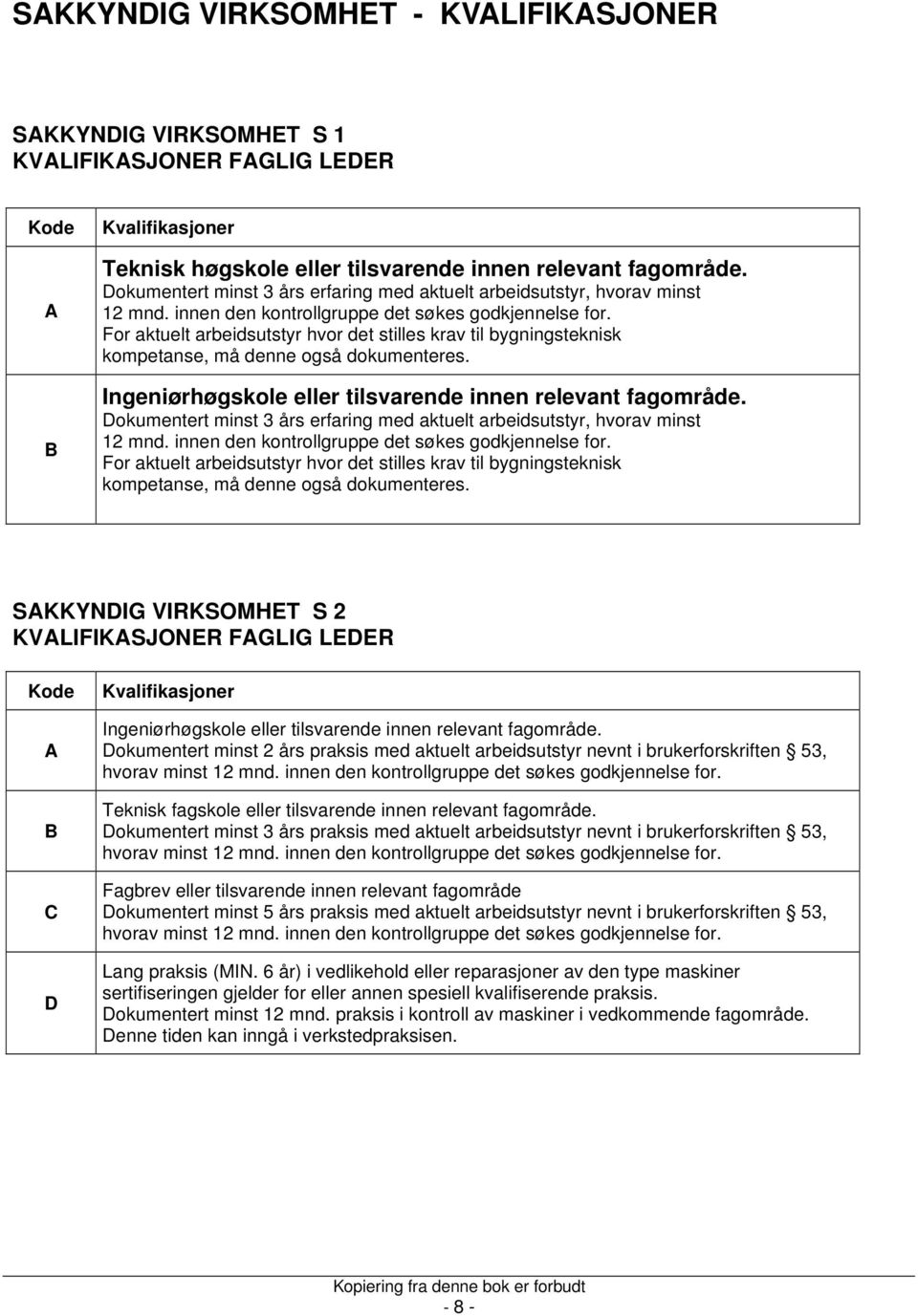 For aktuelt arbeidsutstyr hvor det stilles krav til bygningsteknisk kompetanse, må denne også dokumenteres. Ingeniørhøgskole eller tilsvarende innen relevant fagområde.