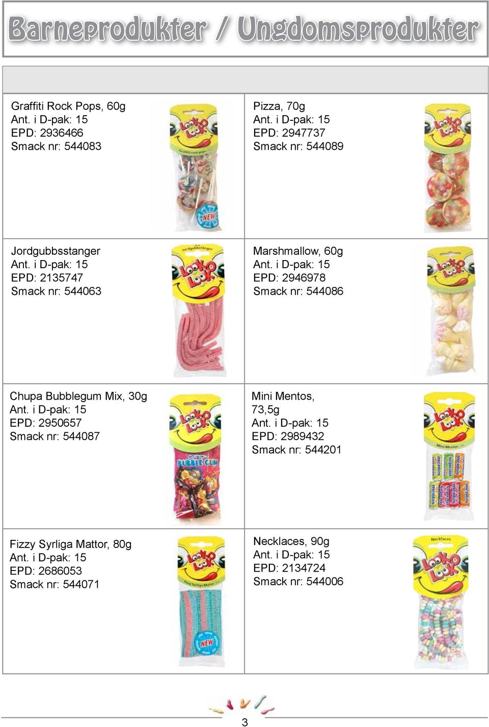 nr: 544086 Chupa Bubblegum Mix, 30g EPD: 2950657 Smack nr: 544087 Mini Mentos, 73,5g EPD: 2989432 Smack nr: