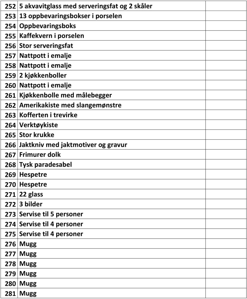 Kofferten i trevirke 264 Verktøykiste 265 Stor krukke 266 Jaktkniv med jaktmotiver og gravur 267 Frimurer dolk 268 Tysk paradesabel 269 Hespetre 270 Hespetre