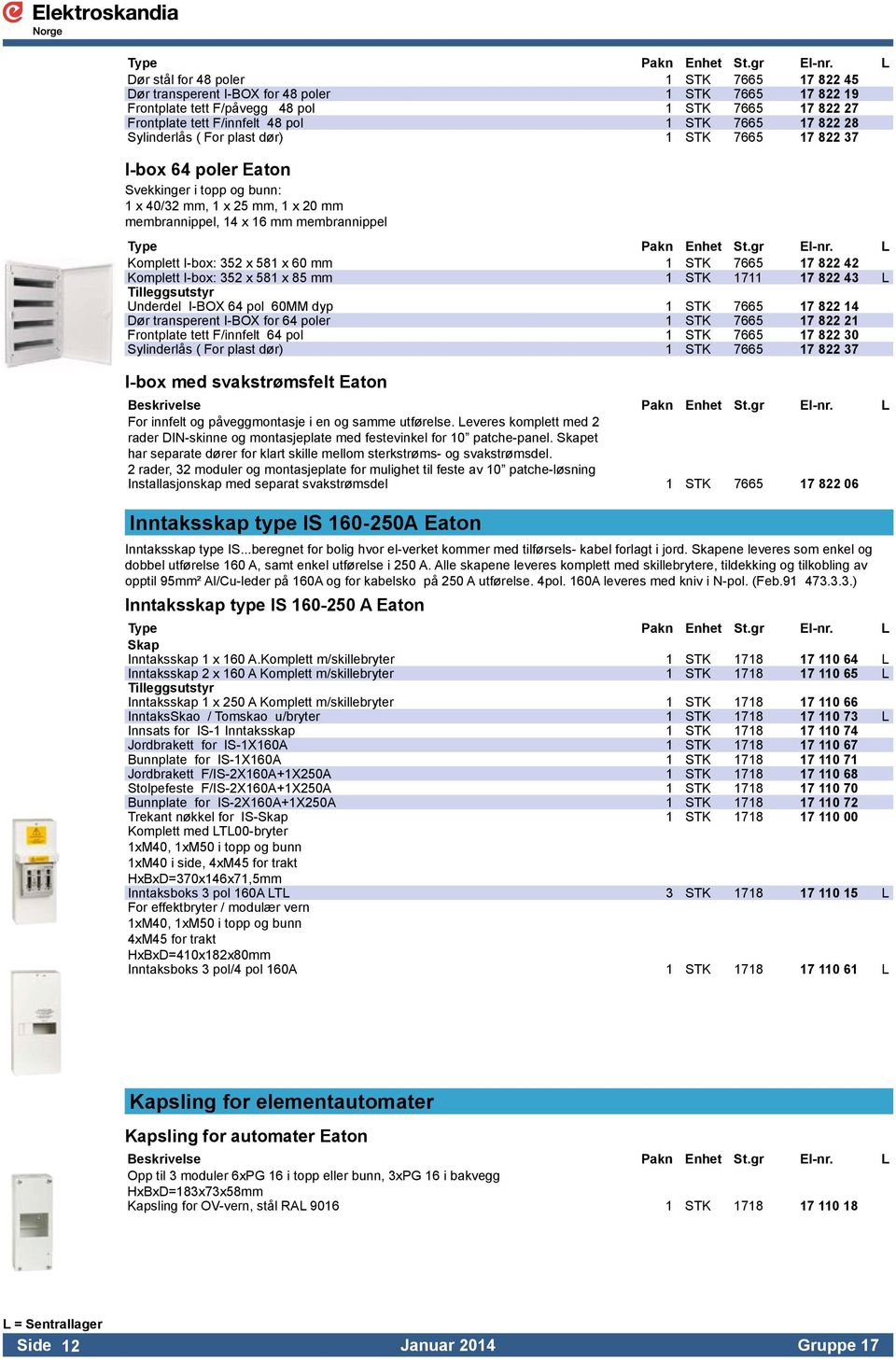 x 581 x 60 mm 1 STK 7665 17 822 42 Komplett I-box: 352 x 581 x 85 mm 1 STK 1711 17 822 43 L Tilleggsutstyr Underdel I-BOX 64 pol 60MM dyp 1 STK 7665 17 822 14 Dør transperent I-BOX for 64 poler 1 STK
