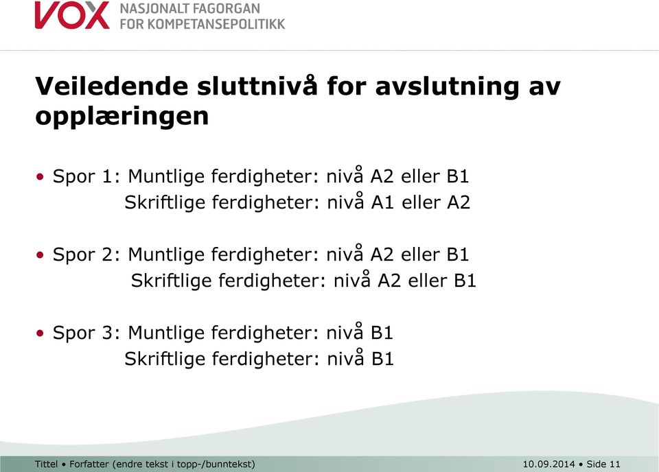 eller B1 Skriftlige ferdigheter: nivå A2 eller B1 Spor 3: Muntlige ferdigheter: nivå B1