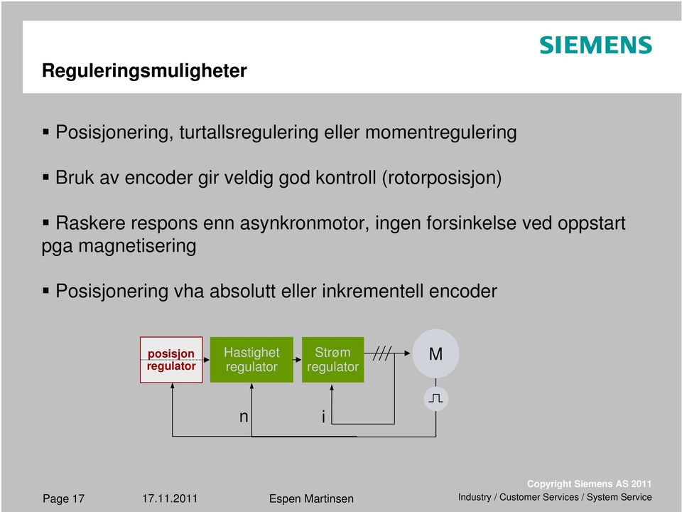 ingen forsinkelse ved oppstart pga magnetisering Posisjonering vha absolutt eller